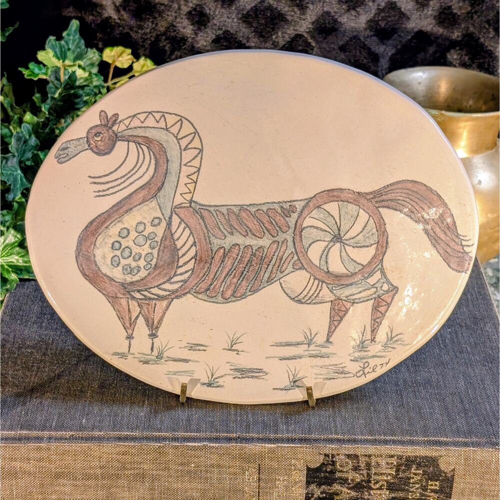 9" Ceramic Oval Horse Plaque: MCM Original Hand Drawn Folk Art Signed Lil 74